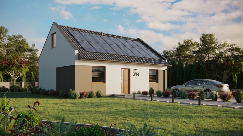 ERDOL 2 - Version Rechts (Wohnzimmer auf der rechten Seite) - Modernes Satteldach mit ausgebautem Dachboden -Dachneigung  35 Grad - keine Dachfenster - Standard - Styropor, Netz, Kleber - Goldene Eiche - Photovoltaik-Installation 6,4 kWp (16 Paneele)