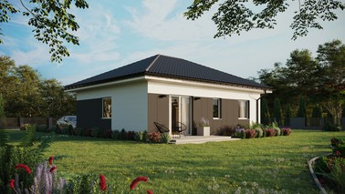 ERDOL 2 - Version Rechts (Wohnzimmer auf der rechten Seite) - Walmdach ohne ausgebautem Dachboden - Dachneigung 25 Grad - keine Dachfenster - Standard - Styropor, Netz, Kleber - Weiß