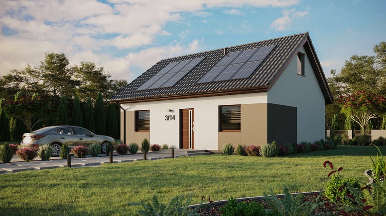ERDOL 2 - Version Links (Wohnzimmer auf der linken Seite) - Satteldach mit ausgebautem Dachboden -Dachneigung  35 Grad - Zwei-Zimmer-Dachfenster - Standard - Styropor, Netz, Kleber - Nusbaum - Photovoltaik-Installation 4,8 kWp (12 Paneele)