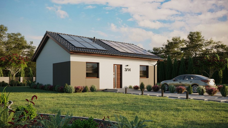 ERDOL 2 - Version Rechts (Wohnzimmer auf der rechten Seite) - Satteldach ohne ausgebautem Dachboden -Dachneigung  25 Grad - keine Dachfenster - Standard - Styropor, Netz, Kleber - Nusbaum - Photovoltaik-Installation 6,4 kWp (16 Paneele)