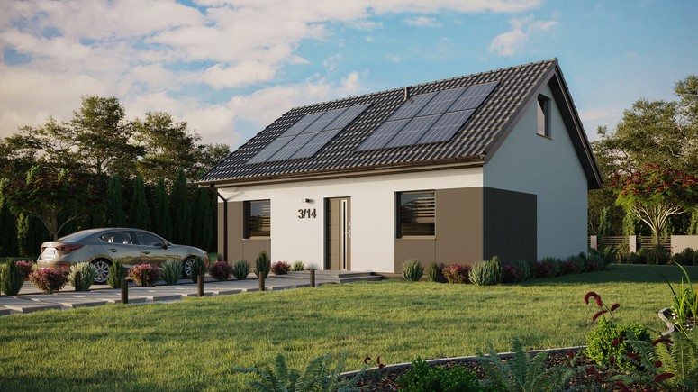 ERDOL 2 - Version Links (Wohnzimmer auf der linken Seite) - Satteldach mit ausgebautem Dachboden -Dachneigung  35 Grad - Zwei-Zimmer-Dachfenster - Standard - Styropor, Netz, Kleber - Anthrazit - Photovoltaik-Installation 4,8 kWp (12 Paneele)