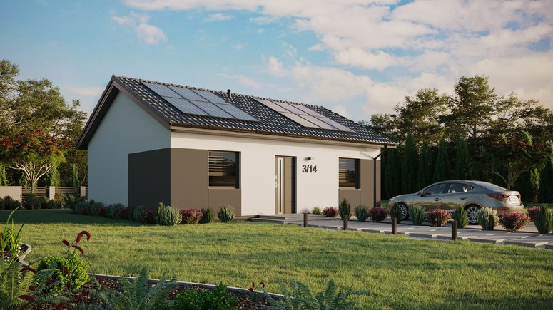 ERDOL 2 - Version Rechts (Wohnzimmer auf der rechten Seite) - Satteldach ohne ausgebautem Dachboden -Dachneigung  25 Grad - keine Dachfenster - Standard - Styropor, Netz, Kleber - Anthrazit - Photovoltaik-Installation 4,8 kWp (12 Paneele)