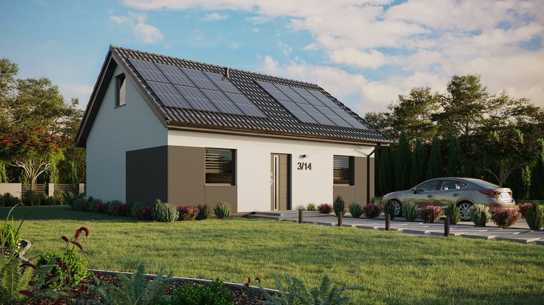 ERDOL 2 - Version Rechts (Wohnzimmer auf der rechten Seite) - Satteldach mit ausgebautem Dachboden -Dachneigung  35 Grad - Zwei-Zimmer-Dachfenster - Standard - Styropor, Netz, Kleber - Anthrazit - Photovoltaik-Installation 6,4 kWp (16 Paneele)