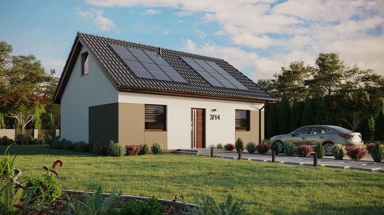 ERDOL 2 - Version Rechts (Wohnzimmer auf der rechten Seite) - Satteldach mit ausgebautem Dachboden -Dachneigung  35 Grad - keine Dachfenster - Standard - Styropor, Netz, Kleber - Nusbaum - Photovoltaik-Installation 4,8 kWp (12 Paneele)