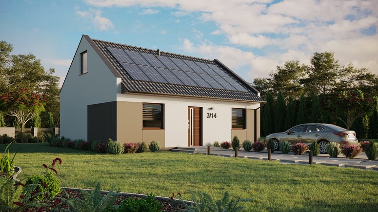 ERDOL 2 - Version Rechts (Wohnzimmer auf der rechten Seite) - Modernes Satteldach mit ausgebautem Dachboden -Dachneigung  35 Grad - keine Dachfenster - Standard - Styropor, Netz, Kleber - Nusbaum - Photovoltaik-Installation 6,4 kWp (16 Paneele)