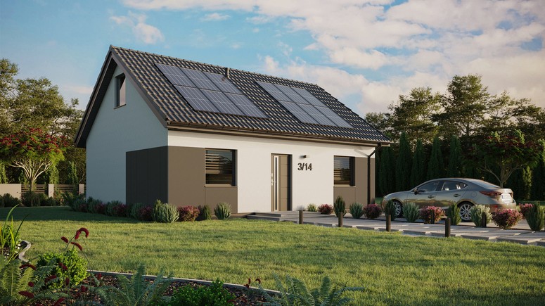 ERDOL 2 - Version Rechts (Wohnzimmer auf der rechten Seite) - Satteldach mit ausgebautem Dachboden -Dachneigung  35 Grad - keine Dachfenster - Standard - Styropor, Netz, Kleber - Anthrazit - Photovoltaik-Installation 4,8 kWp (12 Paneele)