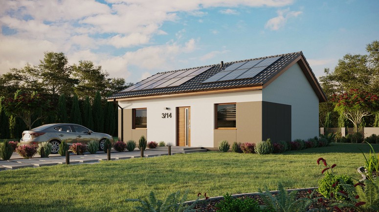 ERDOL 2 - Version Links (Wohnzimmer auf der linken Seite) - Satteldach ohne ausgebautem Dachboden -Dachneigung  25 Grad - keine Dachfenster - Standard - Styropor, Netz, Kleber - Goldene Eiche - Photovoltaik-Installation 6,4 kWp (16 Paneele)