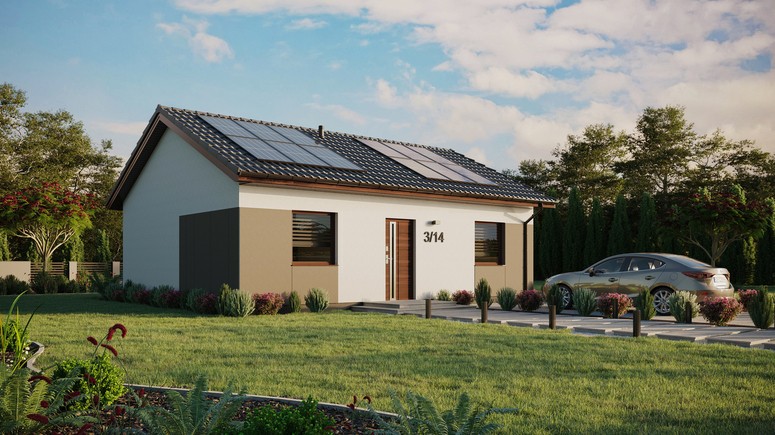 ERDOL 2 - Version Rechts (Wohnzimmer auf der rechten Seite) - Satteldach ohne ausgebautem Dachboden -Dachneigung  25 Grad - keine Dachfenster - Standard - Styropor, Netz, Kleber - Nusbaum - Photovoltaik-Installation 4,8 kWp (12 Paneele)