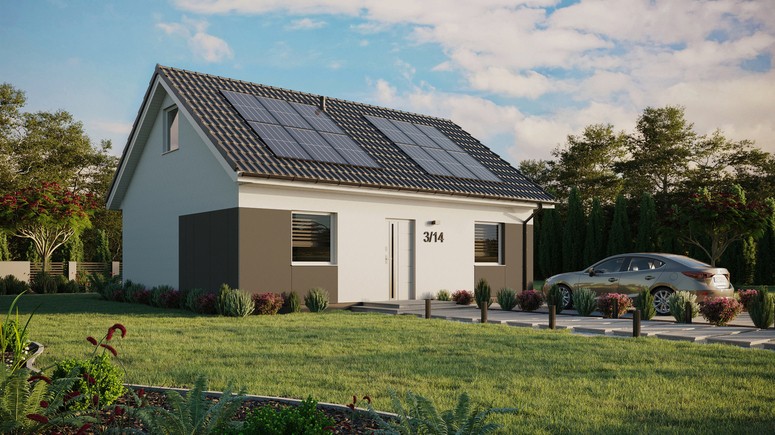 ERDOL 2 - Version Rechts (Wohnzimmer auf der rechten Seite) - Satteldach mit ausgebautem Dachboden -Dachneigung  35 Grad - Zwei-Zimmer-Dachfenster - Standard - Styropor, Netz, Kleber - Weiß - Photovoltaik-Installation 4,8 kWp (12 Paneele)