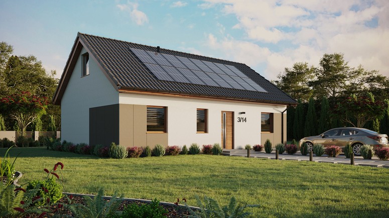 ERDOL 3 - Version Rechts (Wohnzimmer auf der rechten Seite) - Satteldach mit ausgebautem Dachboden -Dachneigung  35 Grad - Keine Dachfenster - Standard - Styropor, Netz, Kleber - Goldene Eiche - Photovoltaik-Installation 6,4 kWp (16 Paneele)