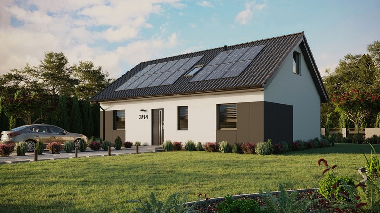 ERDOL 3 - Version Links (Wohnzimmer auf der linken Seite) - Satteldach mit ausgebautem Dachboden -Dachneigung  35 Grad - Zwei Zimmer-Dachfenster und ein Badezimmer-Dachfenster - Standard - Styropor, Netz, Kleber - Anthrazit - Photovoltaik-Installation 6,4 kWp (16 Paneele)