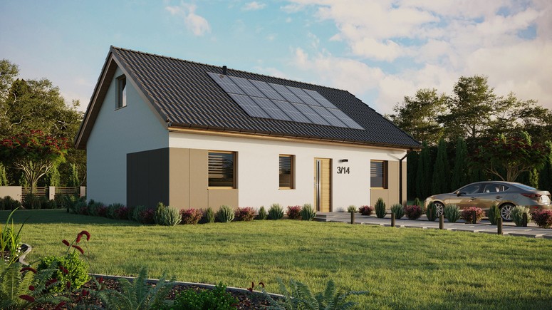 ERDOL 3 - Version Rechts (Wohnzimmer auf der rechten Seite) - Satteldach mit ausgebautem Dachboden -Dachneigung  35 Grad - Keine Dachfenster - Standard - Styropor, Netz, Kleber - Winchester - Photovoltaik-Installation 4,8 kWp (12 Paneele)