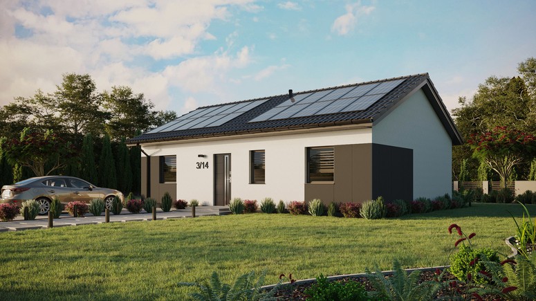 ERDOL 3 - Version Links (Wohnzimmer auf der linken Seite) - Satteldach ohne ausgebautem Dachboden -Dachneigung  25 Grad - Keine Dachfenster - Standard - Styropor, Netz, Kleber - Anthrazit - Photovoltaik-Installation 8 kWp (20 Paneele)