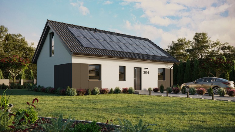 ERDOL 3 - Version Rechts (Wohnzimmer auf der rechten Seite) - Satteldach mit ausgebautem Dachboden -Dachneigung  35 Grad - Keine Dachfenster - Bodentiefes Fenster im Dachgeschoss - Styropor, Netz, Kleber - Anthrazit - Photovoltaik-Installation 8 kWp (20 Paneele)