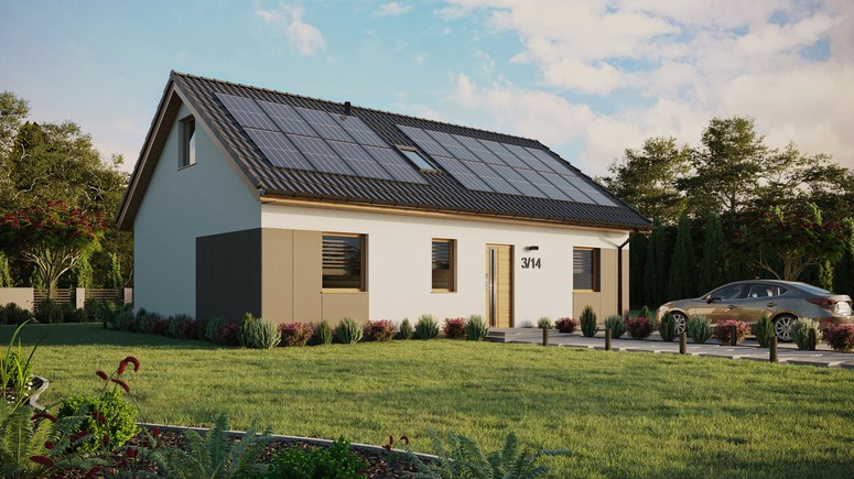 ERDOL 3 - Version Rechts (Wohnzimmer auf der rechten Seite) - Satteldach mit ausgebautem Dachboden -Dachneigung  35 Grad - Dachfenster für Zimmer und Badezimmer - Standard - Styropor, Netz, Kleber - Winchester - Photovoltaik-Installation 8 kWp (20 Paneele)