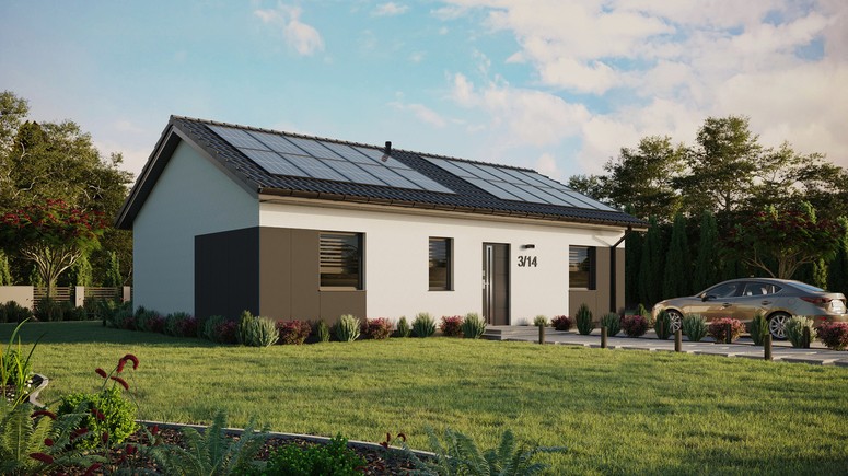 ERDOL 3 - Version Rechts (Wohnzimmer auf der rechten Seite) - Satteldach ohne ausgebautem Dachboden -Dachneigung  25 Grad - Keine Dachfenster - Standard - Styropor, Netz, Kleber - Anthrazit - Photovoltaik-Installation 8 kWp (20 Paneele)
