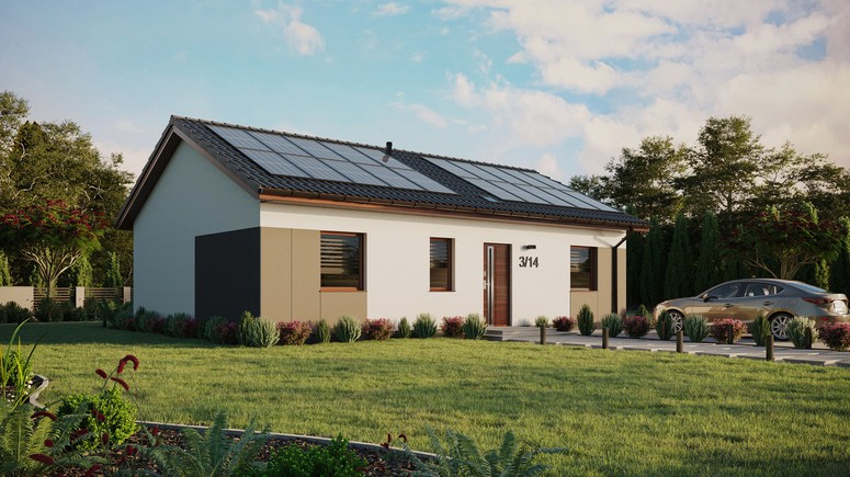 ERDOL 3 - Version Rechts (Wohnzimmer auf der rechten Seite) - Satteldach ohne ausgebautem Dachboden -Dachneigung  25 Grad - Starres Tunneldachfenster - Standard - Styropor, Netz, Kleber - Nusbaum - Photovoltaik-Installation 8 kWp (20 Paneele)