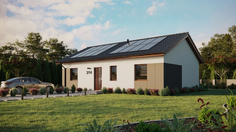 ERDOL 3 - Version Links (Wohnzimmer auf der linken Seite) - Satteldach ohne ausgebautem Dachboden -Dachneigung  25 Grad - Keine Dachfenster - Standard - Styropor, Netz, Kleber - Nusbaum - Photovoltaik-Installation 6,4 kWp (16 Paneele)