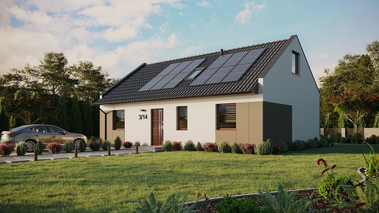ERDOL 3 - Version Links (Wohnzimmer auf der linken Seite) - Modernes Satteldach mit ausgebautem Dachboden -Dachneigung  35 Grad - Zwei Zimmer-Dachfenster und ein Badezimmer-Dachfenster - Standard - Styropor, Netz, Kleber - Nusbaum - Photovoltaik-Installation 4,8 kWp (12 Paneele)