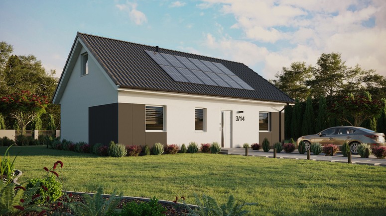 ERDOL 3 - Version Rechts (Wohnzimmer auf der rechten Seite) - Satteldach mit ausgebautem Dachboden -Dachneigung  35 Grad - Keine Dachfenster - Standard - Styropor, Netz, Kleber - Weiß - Photovoltaik-Installation 4,8 kWp (12 Paneele)