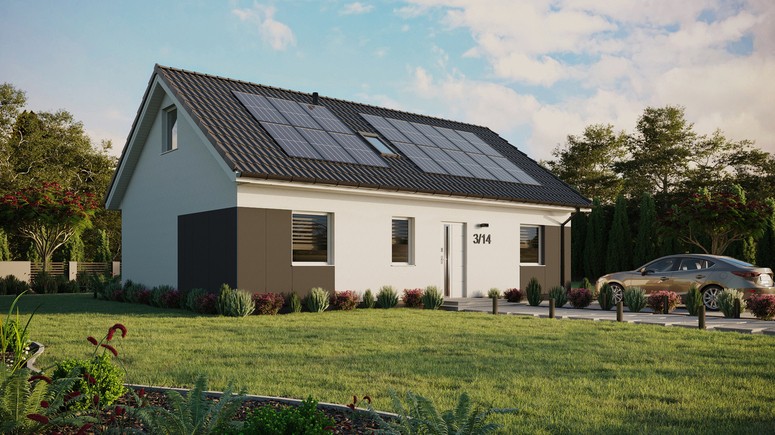 ERDOL 3 - Version Rechts (Wohnzimmer auf der rechten Seite) - Satteldach mit ausgebautem Dachboden -Dachneigung  35 Grad - Zwei Zimmer-Dachfenster und ein Badezimmer-Dachfenster - Standard - Styropor, Netz, Kleber - Weiß - Photovoltaik-Installation 6,4 kWp (16 Paneele)
