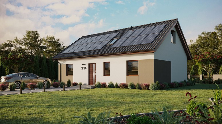 ERDOL 3 - Version Links (Wohnzimmer auf der linken Seite) - Satteldach mit ausgebautem Dachboden -Dachneigung  35 Grad - Zwei Zimmer-Dachfenster und ein Badezimmer-Dachfenster - Standard - Styropor, Netz, Kleber - Nusbaum - Photovoltaik-Installation 8 kWp (20 Paneele)