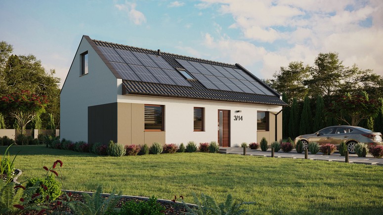 ERDOL 3 - Version Rechts (Wohnzimmer auf der rechten Seite) - Modernes Satteldach mit ausgebautem Dachboden -Dachneigung  35 Grad - Zwei Zimmer-Dachfenster und ein Badezimmer-Dachfenster - Standard - Styropor, Netz, Kleber - Nusbaum - Photovoltaik-Installation 8 kWp (20 Paneele)