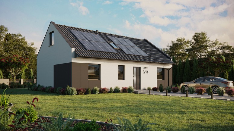 ERDOL 3 - Version Rechts (Wohnzimmer auf der rechten Seite) - Modernes Satteldach mit ausgebautem Dachboden -Dachneigung  35 Grad - Zwei Zimmer-Dachfenster und ein Badezimmer-Dachfenster - Standard - Styropor, Netz, Kleber - Anthrazit - Photovoltaik-Installation 4,8 kWp (12 Paneele)