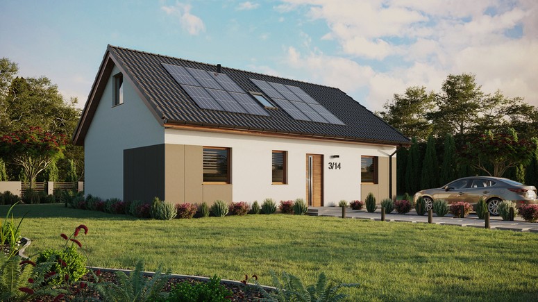 ERDOL 3 - Version Rechts (Wohnzimmer auf der rechten Seite) - Satteldach mit ausgebautem Dachboden -Dachneigung  35 Grad - Zwei Zimmer-Dachfenster und ein Badezimmer-Dachfenster - Standard - Styropor, Netz, Kleber - Goldene Eiche - Photovoltaik-Installation 4,8 kWp (12 Paneele)
