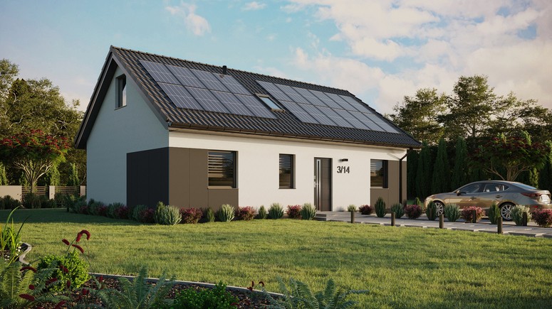 ERDOL 3 - Version Rechts (Wohnzimmer auf der rechten Seite) - Satteldach mit ausgebautem Dachboden -Dachneigung  35 Grad - Zwei Zimmer-Dachfenster und ein Badezimmer-Dachfenster - Standard - Styropor, Netz, Kleber - Anthrazit - Photovoltaik-Installation 8 kWp (20 Paneele)