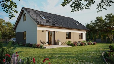 ERDOL 3 - Version Rechts (Wohnzimmer auf der rechten Seite) - Satteldach mit ausgebautem Dachboden -Dachneigung  35 Grad - Zwei-Zimmer-Dachfenster - Standard - Styropor, Netz, Kleber - Goldene Eiche - Ohne