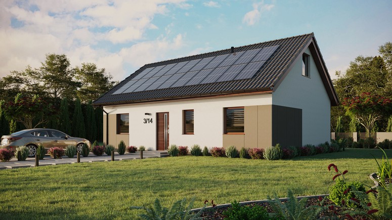 ERDOL 3 - Version Links (Wohnzimmer auf der linken Seite) - Satteldach mit ausgebautem Dachboden -Dachneigung  35 Grad - Keine Dachfenster - Balkontür im Esszimmer - Styropor, Netz, Kleber - Nusbaum - Photovoltaik-Installation 8 kWp (20 Paneele)
