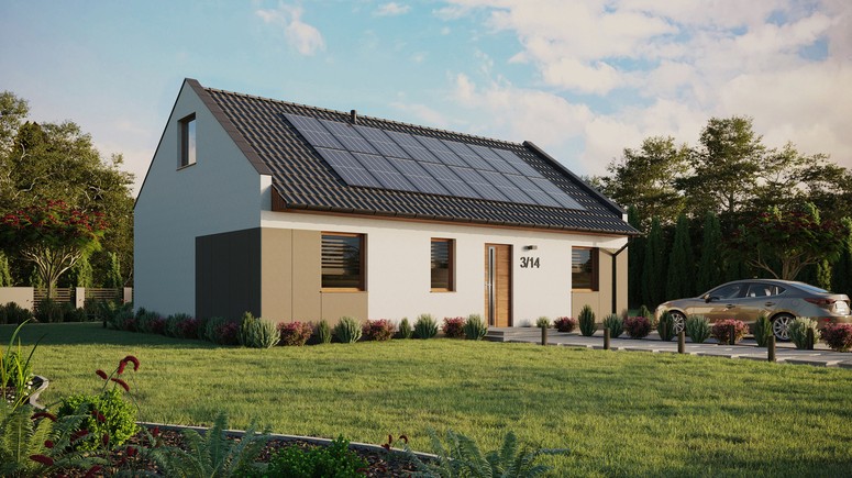 ERDOL 3 - Version Rechts (Wohnzimmer auf der rechten Seite) - Modernes Satteldach mit ausgebautem Dachboden -Dachneigung  35 Grad - Keine Dachfenster - Standard - Styropor, Netz, Kleber - Goldene Eiche - Photovoltaik-Installation 6,4 kWp (16 Paneele)