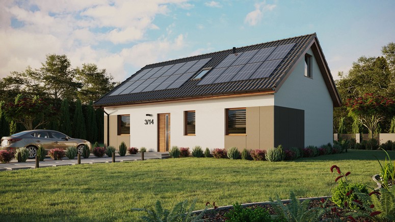 ERDOL 3 - Version Links (Wohnzimmer auf der linken Seite) - Satteldach mit ausgebautem Dachboden -Dachneigung  35 Grad - Zwei Zimmer-Dachfenster und ein Badezimmer-Dachfenster - Standard - Styropor, Netz, Kleber - Goldene Eiche - Photovoltaik-Installation 8 kWp (20 Paneele)