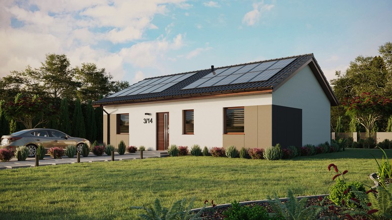 ERDOL 3 - Version Links (Wohnzimmer auf der linken Seite) - Satteldach ohne ausgebautem Dachboden -Dachneigung  25 Grad - Keine Dachfenster - Standard - Styropor, Netz, Kleber - Nusbaum - Photovoltaik-Installation 8 kWp (20 Paneele)