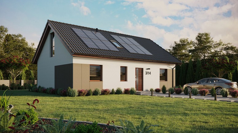 ERDOL 3 - Version Rechts (Wohnzimmer auf der rechten Seite) - Satteldach mit ausgebautem Dachboden -Dachneigung  35 Grad - Dachfenster für Zimmer und Badezimmer - Bodentiefes Fenster im Dachgeschoss - Styropor, Netz, Kleber - Nusbaum - Photovoltaik-Installation 4,8 kWp (12 Paneele)