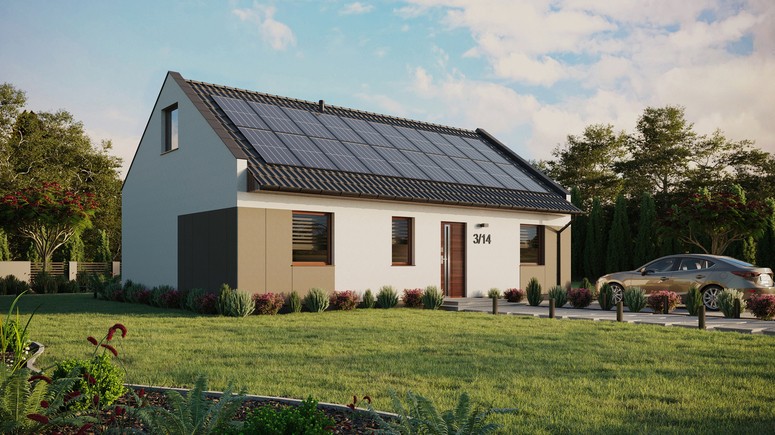 ERDOL 3 - Version Rechts (Wohnzimmer auf der rechten Seite) - Modernes Satteldach mit ausgebautem Dachboden -Dachneigung  35 Grad - Zwei-Zimmer-Dachfenster - Standard - Styropor, Netz, Kleber - Nusbaum - Photovoltaik-Installation 8 kWp (20 Paneele)