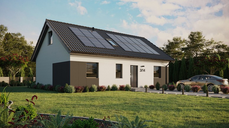 ERDOL 3 - Version Rechts (Wohnzimmer auf der rechten Seite) - Satteldach mit ausgebautem Dachboden -Dachneigung  35 Grad - Zwei Zimmer-Dachfenster und ein Badezimmer-Dachfenster - Standard - Styropor, Netz, Kleber - Anthrazit - Photovoltaik-Installation 6,4 kWp (16 Paneele)
