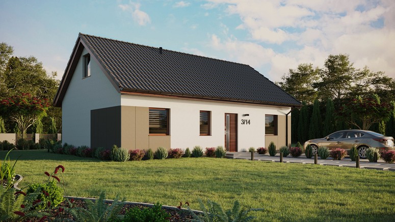 ERDOL 3 - Version Rechts (Wohnzimmer auf der rechten Seite) - Satteldach mit ausgebautem Dachboden -Dachneigung  35 Grad - Zwei-Zimmer-Dachfenster - Standard - Styropor, Netz, Kleber - Nusbaum - Ohne