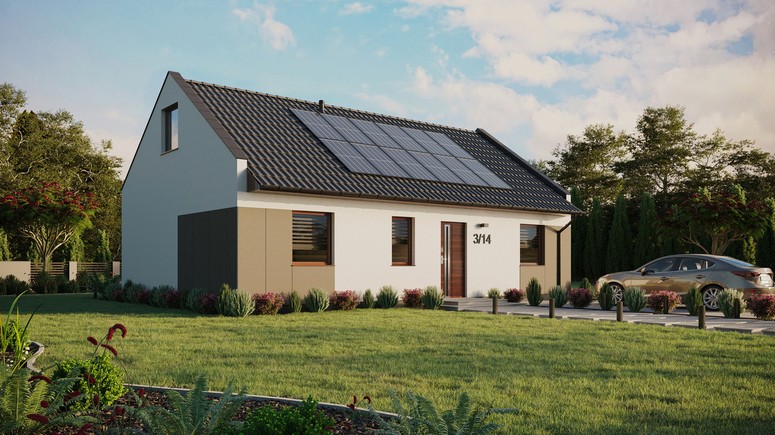 ERDOL 3 - Version Rechts (Wohnzimmer auf der rechten Seite) - Modernes Satteldach mit ausgebautem Dachboden -Dachneigung  35 Grad - Keine Dachfenster - Standard - Styropor, Netz, Kleber - Nusbaum - Photovoltaik-Installation 4,8 kWp (12 Paneele)