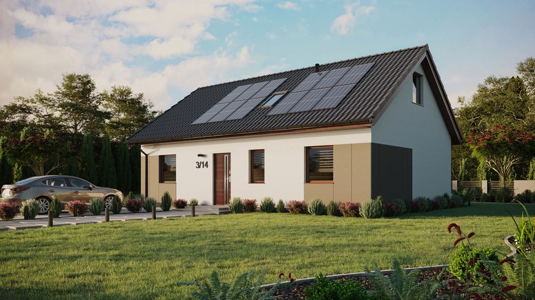 ERDOL 3 - Version Links (Wohnzimmer auf der linken Seite) - Satteldach mit ausgebautem Dachboden -Dachneigung  35 Grad - Zwei Zimmer-Dachfenster und ein Badezimmer-Dachfenster - Standard - Styropor, Netz, Kleber - Nusbaum - Photovoltaik-Installation 4,8 kWp (12 Paneele)