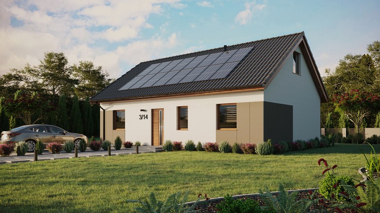 ERDOL 3 - Version Links (Wohnzimmer auf der linken Seite) - Satteldach mit ausgebautem Dachboden -Dachneigung  35 Grad - Zwei-Zimmer-Dachfenster - Standard - Styropor, Netz, Kleber - Goldene Eiche - Photovoltaik-Installation 6,4 kWp (16 Paneele)