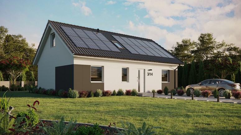 ERDOL 3 - Version Rechts (Wohnzimmer auf der rechten Seite) - Satteldach mit ausgebautem Dachboden -Dachneigung  35 Grad - Dachfenster für Zimmer und Badezimmer - Standard - Styropor, Netz, Kleber - Weiß - Photovoltaik-Installation 8 kWp (20 Paneele)