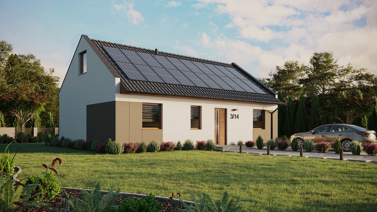ERDOL 3 - Version Rechts (Wohnzimmer auf der rechten Seite) - Modernes Satteldach mit ausgebautem Dachboden -Dachneigung  35 Grad - Keine Dachfenster - Standard - Styropor, Netz, Kleber - Goldene Eiche - Photovoltaik-Installation 8 kWp (20 Paneele)
