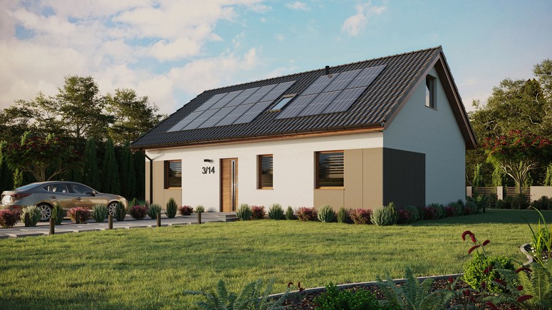 ERDOL 3 - Version Links (Wohnzimmer auf der linken Seite) - Satteldach mit ausgebautem Dachboden -Dachneigung  35 Grad - Dachfenster für Zimmer und Badezimmer - Standard - Styropor, Netz, Kleber - Goldene Eiche - Photovoltaik-Installation 6,4 kWp (16 Paneele)