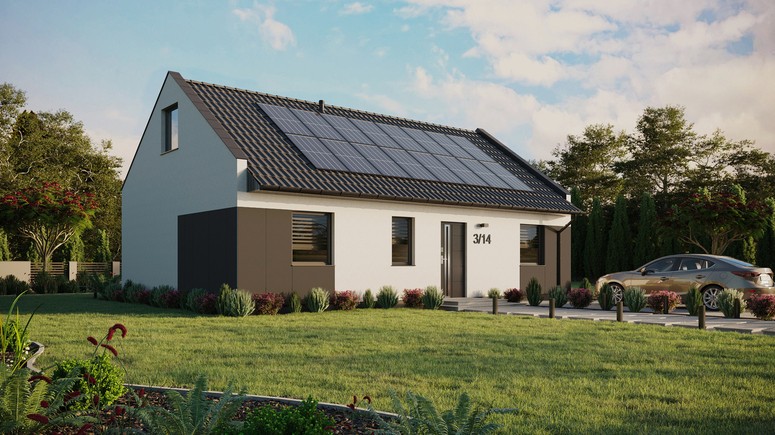 ERDOL 3 - Version Rechts (Wohnzimmer auf der rechten Seite) - Modernes Satteldach mit ausgebautem Dachboden -Dachneigung  35 Grad - Keine Dachfenster - Standard - Styropor, Netz, Kleber - Anthrazit - Photovoltaik-Installation 6,4 kWp (16 Paneele)