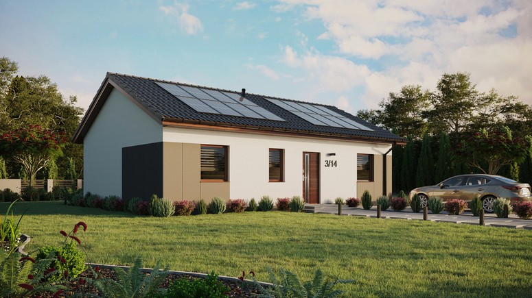 ERDOL 3 - Version Rechts (Wohnzimmer auf der rechten Seite) - Satteldach ohne ausgebautem Dachboden -Dachneigung  25 Grad - Keine Dachfenster - Standard - Styropor, Netz, Kleber - Nusbaum - Photovoltaik-Installation 6,4 kWp (16 Paneele)