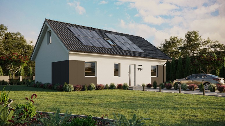 ERDOL 3 - Version Rechts (Wohnzimmer auf der rechten Seite) - Satteldach mit ausgebautem Dachboden -Dachneigung  35 Grad - Dachfenster für Zimmer und Badezimmer - Standard - Styropor, Netz, Kleber - Weiß - Photovoltaik-Installation 4,8 kWp (12 Paneele)