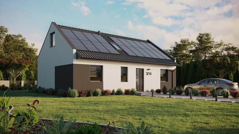 ERDOL 3 - Version Rechts (Wohnzimmer auf der rechten Seite) - Modernes Satteldach mit ausgebautem Dachboden -Dachneigung  35 Grad - Dachfenster für Zimmer und Badezimmer - Standard - Styropor, Netz, Kleber - Anthrazit - Photovoltaik-Installation 8 kWp (20 Paneele)