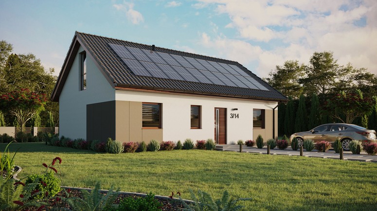 ERDOL 3 - Version Rechts (Wohnzimmer auf der rechten Seite) - Satteldach mit ausgebautem Dachboden -Dachneigung  35 Grad - Keine Dachfenster - Bodentiefes Fenster im Dachgeschoss - Styropor, Netz, Kleber - Nusbaum - Photovoltaik-Installation 8 kWp (20 Paneele)